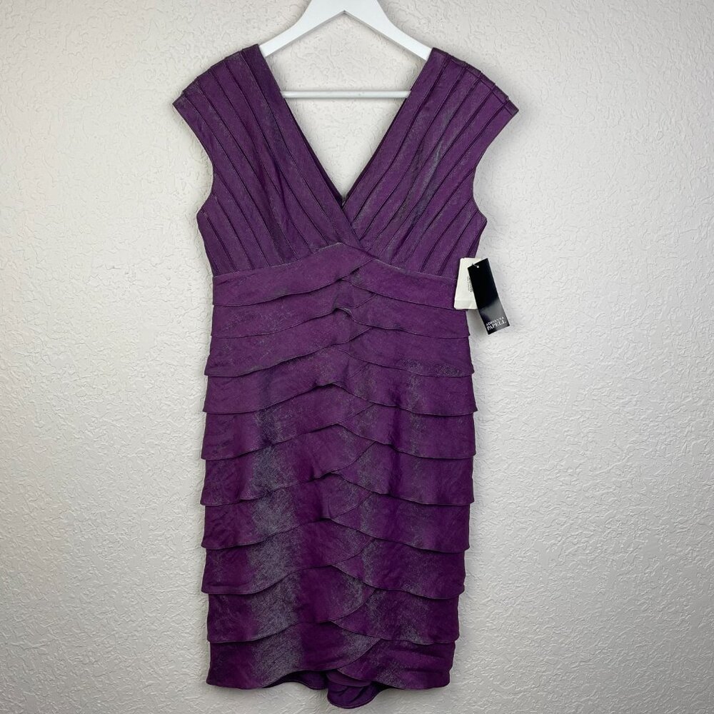 Adrianna Papell Dress Womens 10 Purple Shutter Pleat Mini Short V Neck Formal - Picture 3 of 10